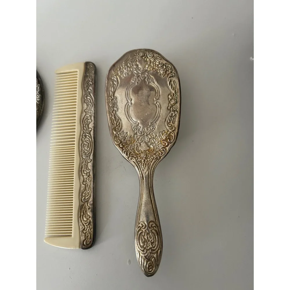 Vintage Silver Tone Ornate Repousse Vanity Set Mirror Brush Comb 3 Piece Floral